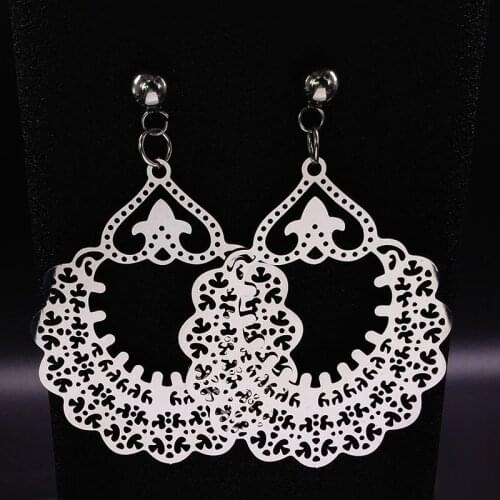 2021 Flower Stainless Steel Stud Earrings Women Big Silver Color Statement Earrings Jewelry boucle d oreille fantaisie E1654S02