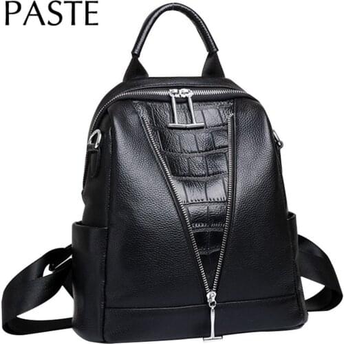 V Chain Design Crocodile Pattern Real Leather Womens Backpack Black Multifunction Girl Top Layer Cowhide School Bag Mochila
