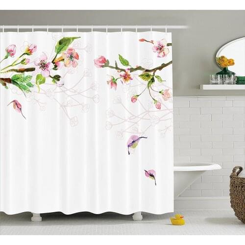 Watercolor Shower Curtain Apple Tree Blooming in Spring Season Branches Falling Leaves Romantic Wall Decoration Hanging Curtains