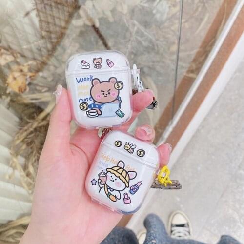 For Airpods 1 2 Case Busy Bear Cute with Lanyard for Airpods Pro 1 2 3 Cover Animal Bunny Cartoon Cover for Air Pods 2 1 Etui