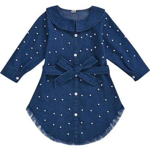 Spring Autumn Baby Girl Dress Fashion Denim Clothes Children Long Sleeve Round Neck Beaded Cardigan Denim Dress 2-6 Years