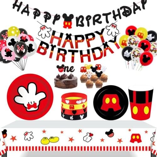 Disney Mickey Mouse Theme Birthday Party Decorations 8 People Disposable Plate Napkin Cup Tablecloth Tableware Kids Dinner Sets