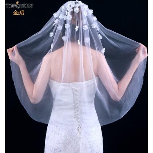 TOPQUEEN V46 3D Flowers Wedding Veil with Comb Crystal Beaded Short Veil Wedding Veils with Tiara Wedding Veil One Layer