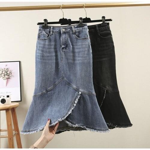 Gemutlich Big Size Women Denim Mermaid Skirt Jeans High Waist Skinny Asymmetrical Office Lady Skirt Party Spring Summer 2021