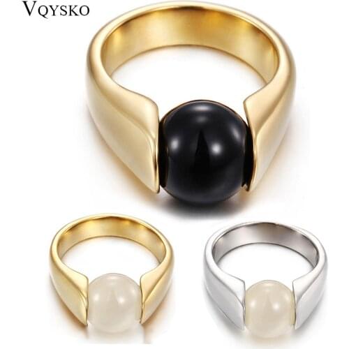 New Fashion Colorful Opal Ring Women Quality Stainless Steel Ring Round Black White Cats Eye Stone Wedding Ring