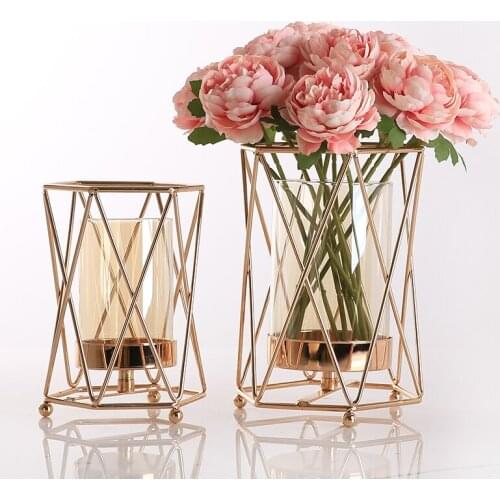 Creative Nordic metal iron geometric glass Gold vase Living room decoration Flower arrangement Modern home decoration vases ZM