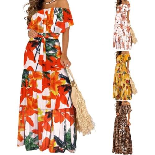 Summer Holiday Style Dress Casual Dresses Robe Women Leisure Dress High Waist Off Shoulder Ruffle Stitching Dress Beachwear