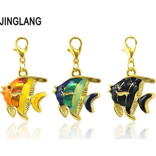 JINGLANG Fashion Lobster Clasp Charms Rhinestone Fish Pendants Charms For Jewelry Making DIY Accessories 50pcs
