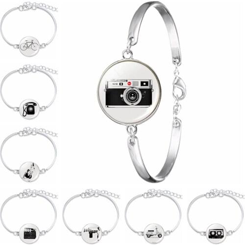 Fashion Camera Photo and Telephone Silver Color Bracelet for Women Diy Glass Cabochon Bangle Jewelry Photographers Gifts