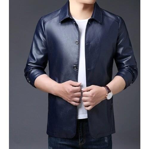 Single-breasted leather jacket Man windbreaker mens lapel faux leather leather jacket father slim leather jacket coat button
