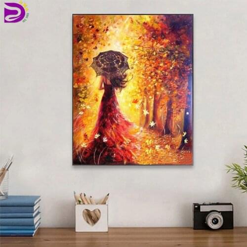Beautiful Women Umbrella Autumn Landscape DIY Diamond Painting Cross Stitch 5D Rhinestone Abstract Oil Painting Embroidery Kit