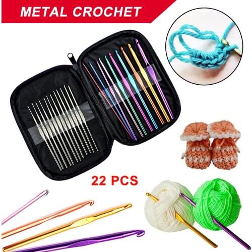 22 Size Multi Coloured Aluminium Crochet Hooks Yarn Knitting Needles Set
