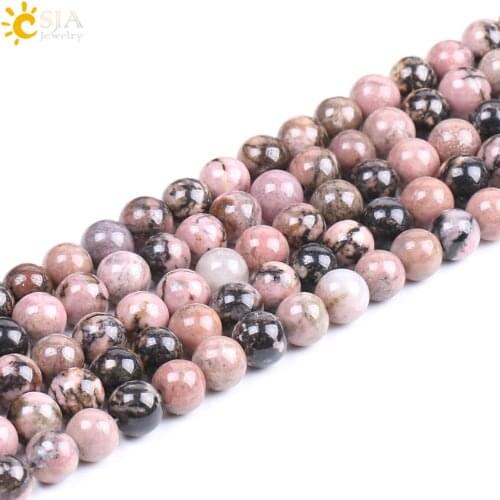 CSJA Wholesale Natural Stone Black Line Rhodonite DIY Bracelet Necklace Material Loose Bead 4 Size for Women Jewelry Making F200