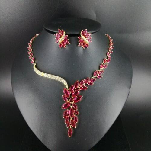 2019 new fashion elegant popular red zircon necklace earring set wedding bride banquet dress formal dinner jewelry set