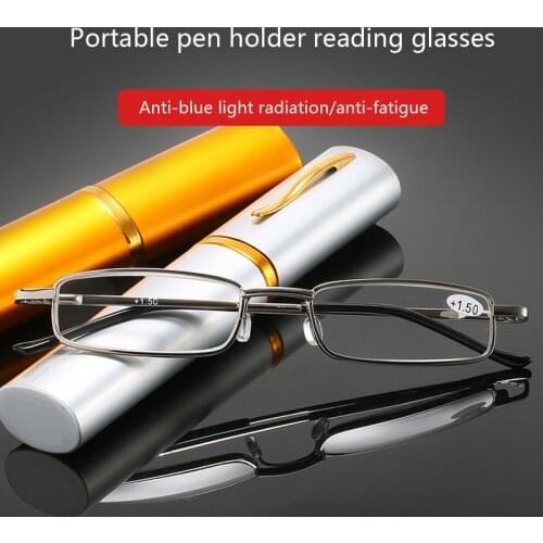 Unisex Reading Glasses Portable Anti-blue Light Presbyopic Glasses Metal Frame With Pen Tube Case Eyeglasses Diopter +1.00~+4.00