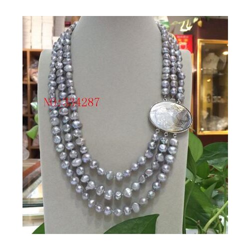 NEW Baroque 3row 8-9mm Pink grey white color multicolor pearls necklace sea shell clasp (17"18"19" )