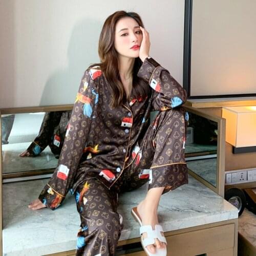 Womens Pajamas Set Poker Pattern Sleepwear Female Brown Color Long Sleeve Silk Like Nightwear Luxury Home Clothes Homewear