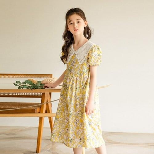 Girls Yellow Print Dresses 2021 Summer 8 to 10 years Korea Mori Girls Puff Sleeve Lace Collar Sweet Cotton Dress