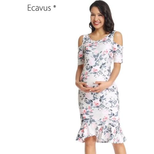 Womens Cold Shoulder Pregnant Mermaid Ruffles Floral Fit Maternity Dress Side Ruched Short Sleeve Pregnancy Dress Mama Clothing