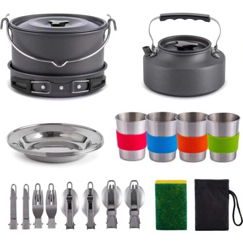 4 Person Picnic Tableware Outdoor Cookware Set Travel Gears Non-Stick Pots Pans Dinner Plate Knife Fork Spoon Hiking Utensils