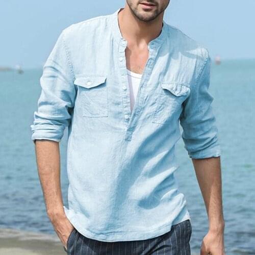 Male Blouse Top New Style Comfortable Cotton and Linen Pockets Resort Men Shirt Mens Shirt Camisa Summer Long Sleeve