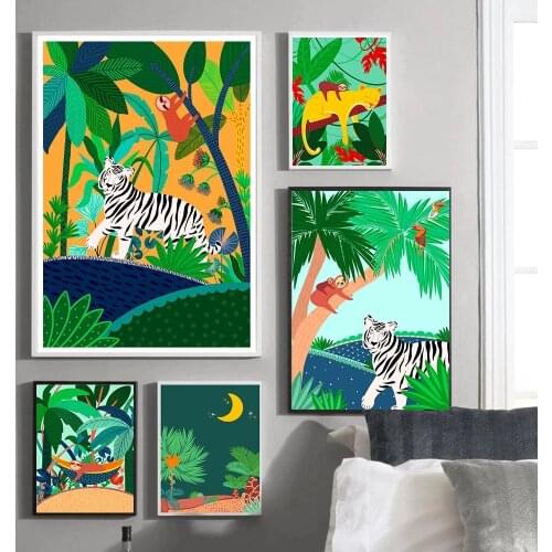 Safari White Tiger Leopard Jungle Botanical Posters Prints Wall Art Canvas Painting Nordic Pictures for Living Room Home Decor