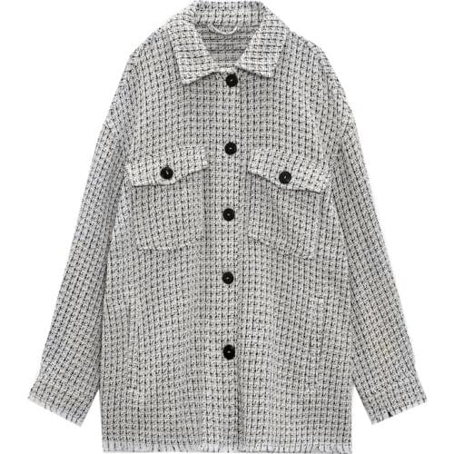 Za Women New Straight Tassel Flannel Plaid Jackets Fashion Casual Ladies Loose Coats Female Autumn Vintage Coat XITIMEAO