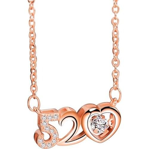 Women 520 Couple Number Crystal Pendant Rose Gold Chain Necklace S925 Necklace Women Lovers Necklace Jewelry