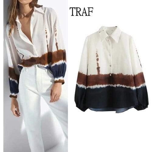 TRAF Za Top Woman 2021 Tie Dye Shirt Women Long Sleeve Spring Button Up Shirt Office Blouse Elegant Blouse Woman Clothing Chic