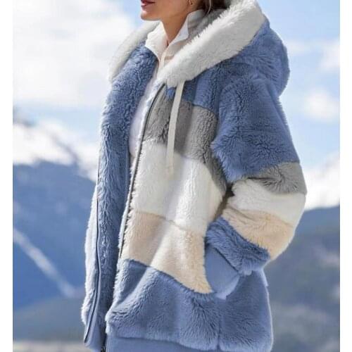 Winter Women Jacket Warm Plush Casual Loose Hooded Coat Mixed Color Patchwork Winter Outwear Faux Fur Zipper Ladies Parka Coat