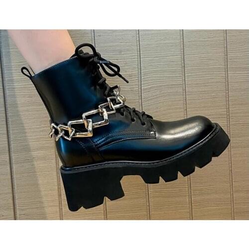 Spring Girls White Black Genuine Leather Round Toe Sliver Chain Short Ankle Boots Woman 65 mm Chunky Heels Lace Up Knight Botas