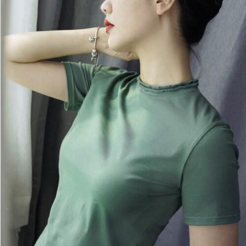 Ruffles neck solid women t-shirts 2020 summer new short-sleeved slim elegant office lady elegant pulls tops tees