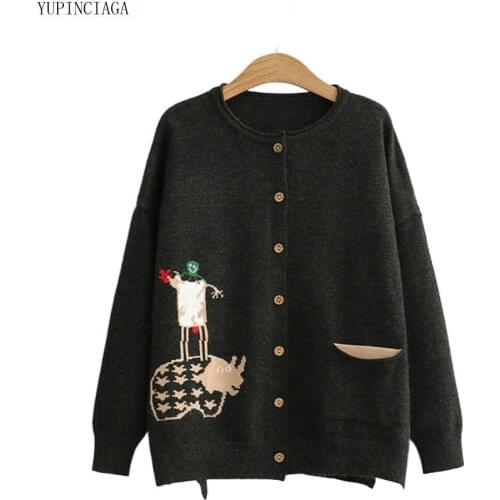 2020 Autumn Hot Sale Women Cardigans Core-spun Yarn Loose Embroidery O-neck Sweater Knitted Cardigan Female Sweater
