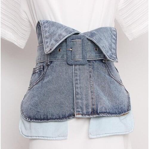 Womens runway fashion vintage blue denim Cummerbunds female Dress Corsets Waistband Belts decoration wide belt R967