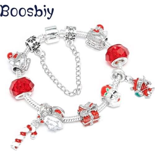 Boosbiy Hot Sale Cute Santa Claus Pendants Charm Bracelets fit Silver Plated Brand Bracelets For Women Christmas Jewelry Gift