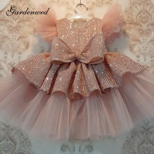 Kids Glitter Sequin Celebrity Dresses Sequin Bow Tulle Layer Flower Girls Dresses Shiny Girl Birthday Dress New Year 2021
