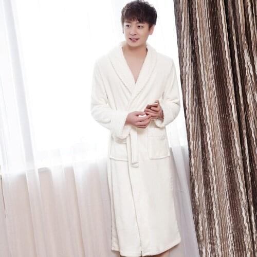 Long Men Robe Winter Flannel Kimono Bathrobe Gown Thicken Warm Sleepwear Soft Nightgown Casual Lovers Nightwear Homewear