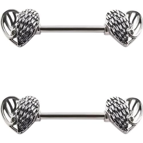JHJT 2PCS Nipple Rings Barbell Stainless Steel Wing Feather Love Sexy Women Nipple Bar 14G(1.6mm) Body Piercing Jewelry