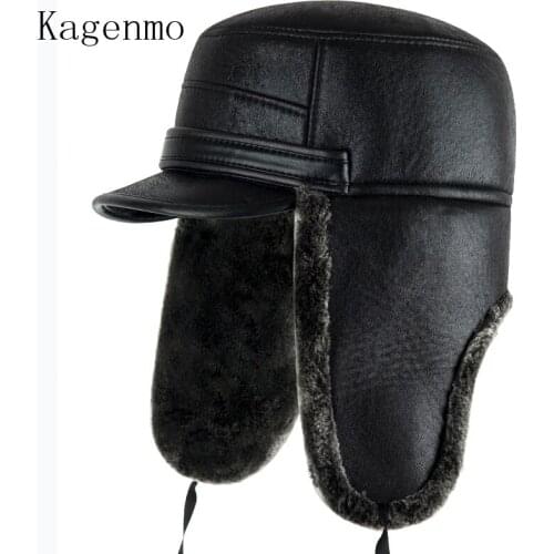 Kagenmo Fashion Leisure Sunhat Outdoor Keep Warm Winter Men Hat Thick Fur Leather Baseball Cap Ear Protection Bomber Cap