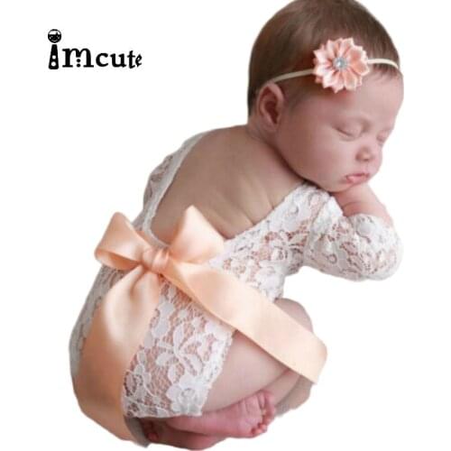Imcute 2pcs Toddler Baby Photography Clothing Newborn Lace Clothes Full Moon Hundred Days Baby Princess Lace Clothes + Headwear