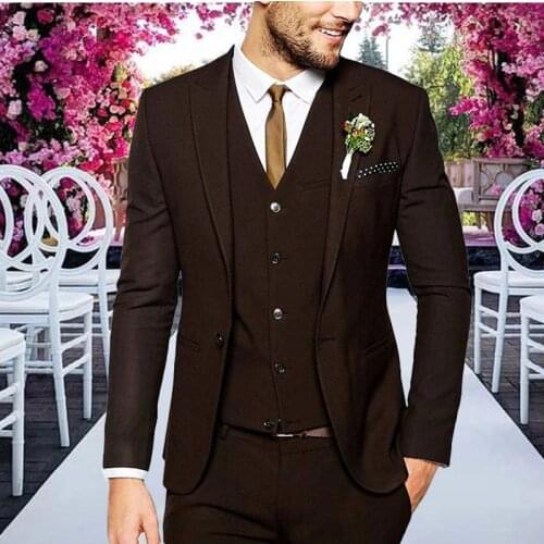 Brown Wedding Suit Costume Homme Black Peaked Lapel Groom Wedding Tuxedo 3Piece Man Blazer Pant Design Evening Party