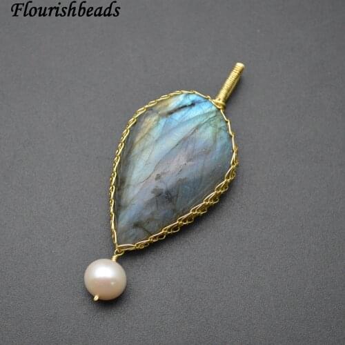 High Quality Natural Labradorite Stone Cabochon Wire Wrapped Laceword Pendant Fit Necklace Making
