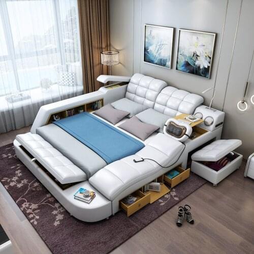 Genuine Leather multifunctional massage bed frame Nordic camas ultimate bed With storage LED light Bluetooth speaker safe radio