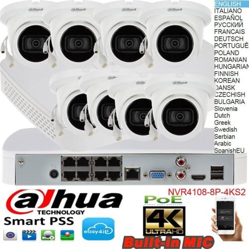 Dahua mutil language 4K H.265 NVR4108-8P-4KS2 4ch POE IP Camera kits with IPC-HDW2431T-AS audio System Security Camera kit