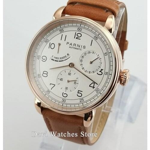 New Arrive Polished Vintage Mens Watch 42mm Parnis White Dila Gold Case Sea-gull Automatic Movement Mens Watch