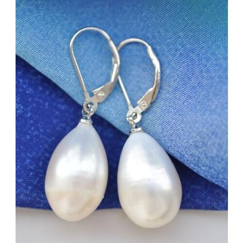 P7636 18mm Tear-drop White Freshwater Pearl Dangle Earring 925SC