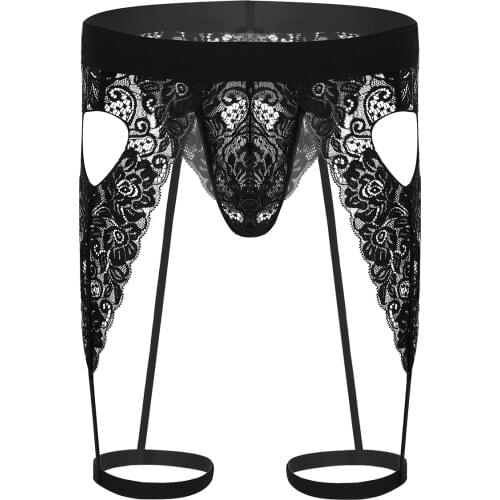 See Through Floral Lace Open Butt Panties Mens Lingerie Bulge Pouch Cutout Bikini G-string Thong Underwear with Leg Garters Band