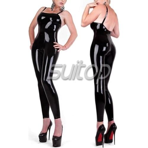 Suitop sleeveless latex black catsuit sexy rubber latex tights for women