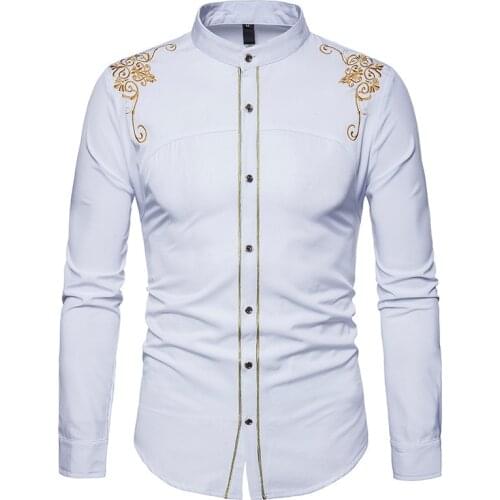 Fashion Embroidery Shirt Men 2020 Spring Autumn New Mandarin Collar Long Sleeve Dress Shirt Mens Wedding Tuxedo Shirts Male XXL