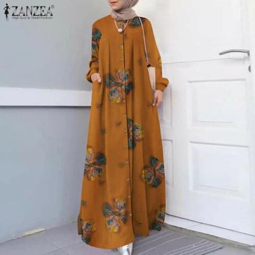 Vintage Muslim Abaya Hijab Dress ZANZEA Spring Long Sleeve Floral Printed Maix Long Sundress Dubai Islamic Clothing Robe Femme